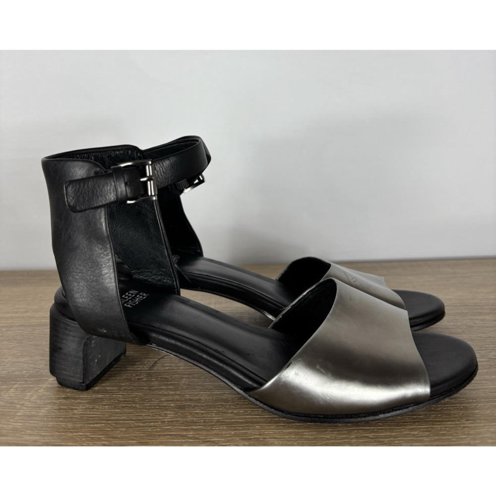 Eileen Fisher Vera Cuoio Leather Block Heel Sandals Pewter Black Womens 7.5 - Picture 2 of 13